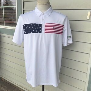 Travis Mathew White Polo Shirt with American Flag Design.  Large.
